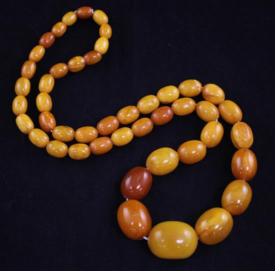 A single strand graduated oval amber bead necklace, 26in.